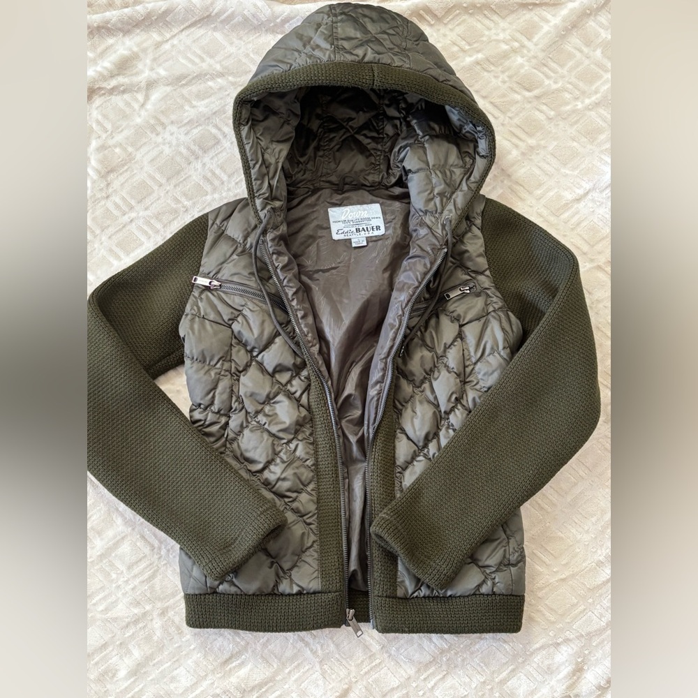 Eddie Bauer Down Filled Jacket Front Zip Hood Army Green Size Small EB550Fill